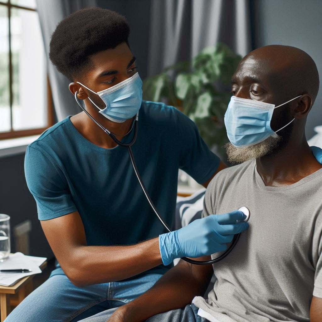 A person wearing a medical mask while caring for someone with Tuberculosis.