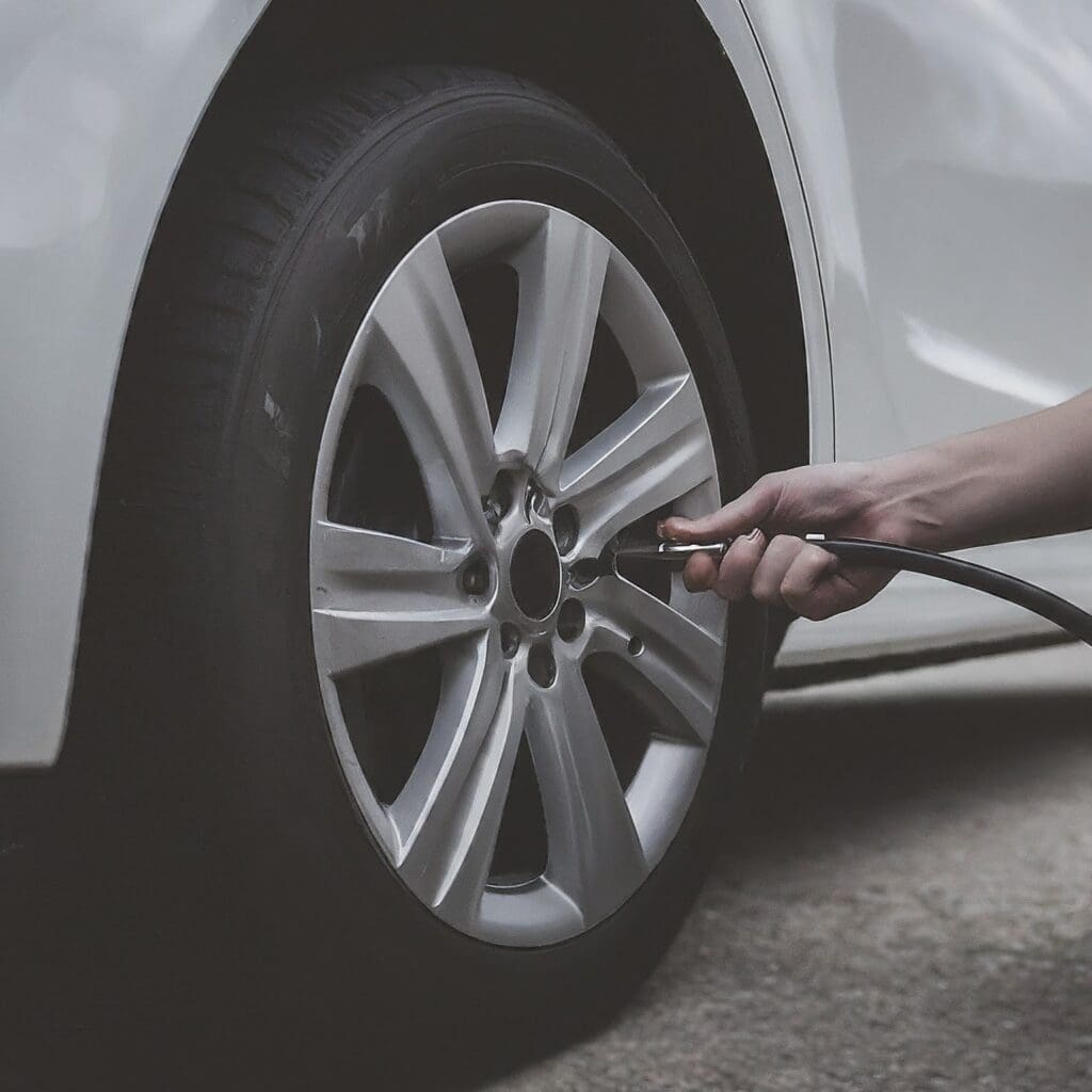 A person checking his tire safety