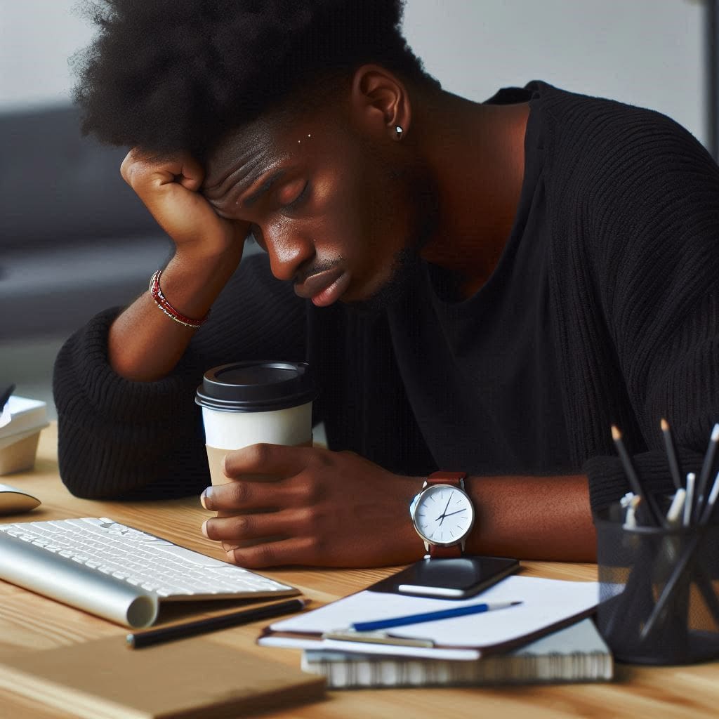 A person looking exhausted at their desk with a cup of coffee next to them. The Impact of Tiredness.