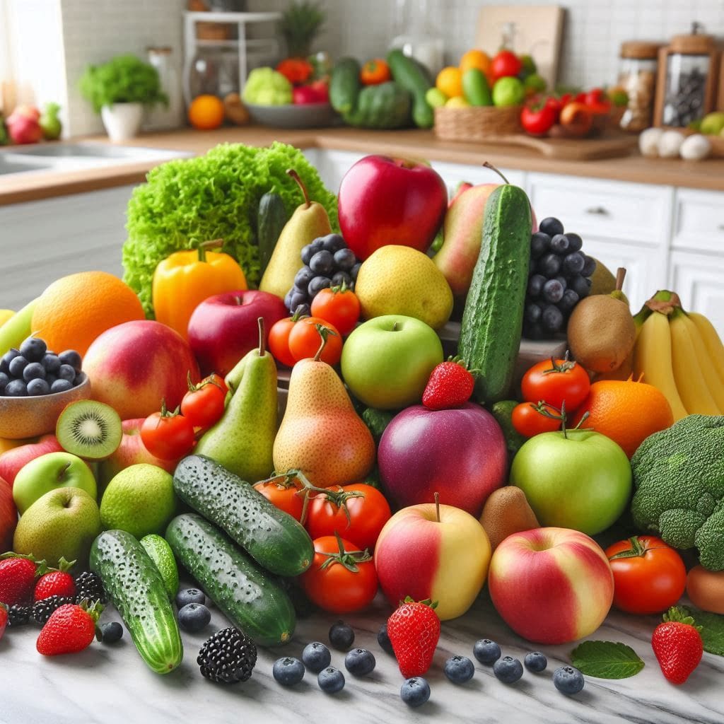 a variety of fruits and vegetables displayed on a kitchen counter, including apples, pears, berries, cucumbers, and tomatoes. Still unwashed fruits and vegetables