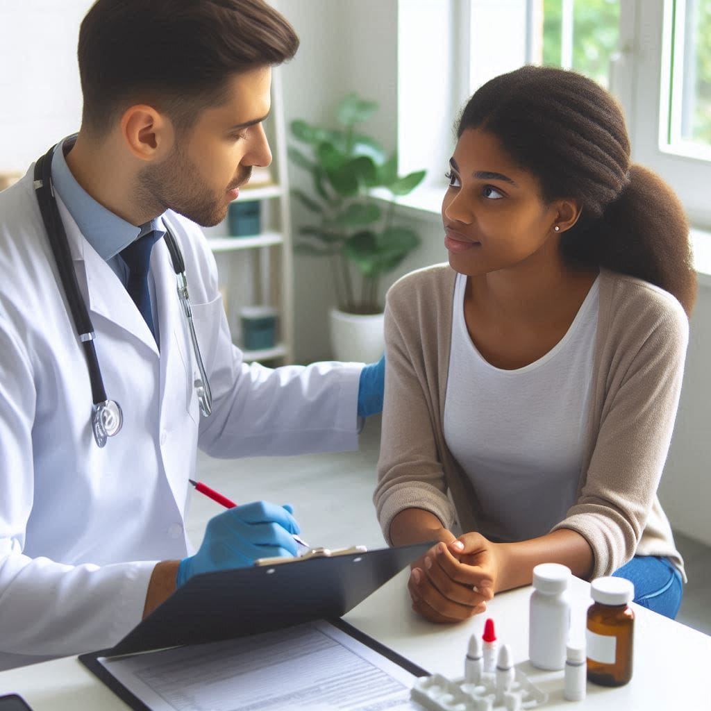 A woman consulting with a doctor to understand polycystic ovary syndrome symptoms and treatment