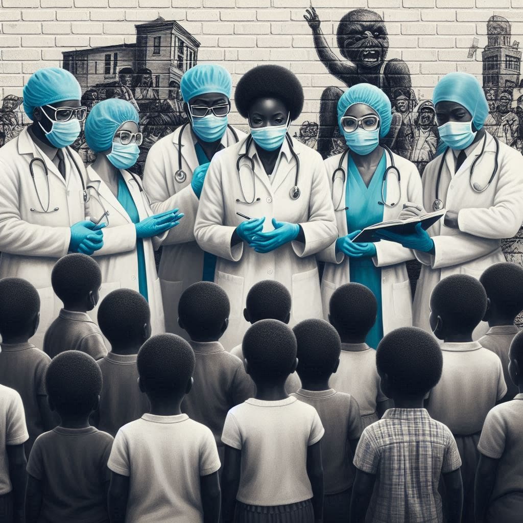 A group of healthcare workers educating children in a remote community about Cholera prevention