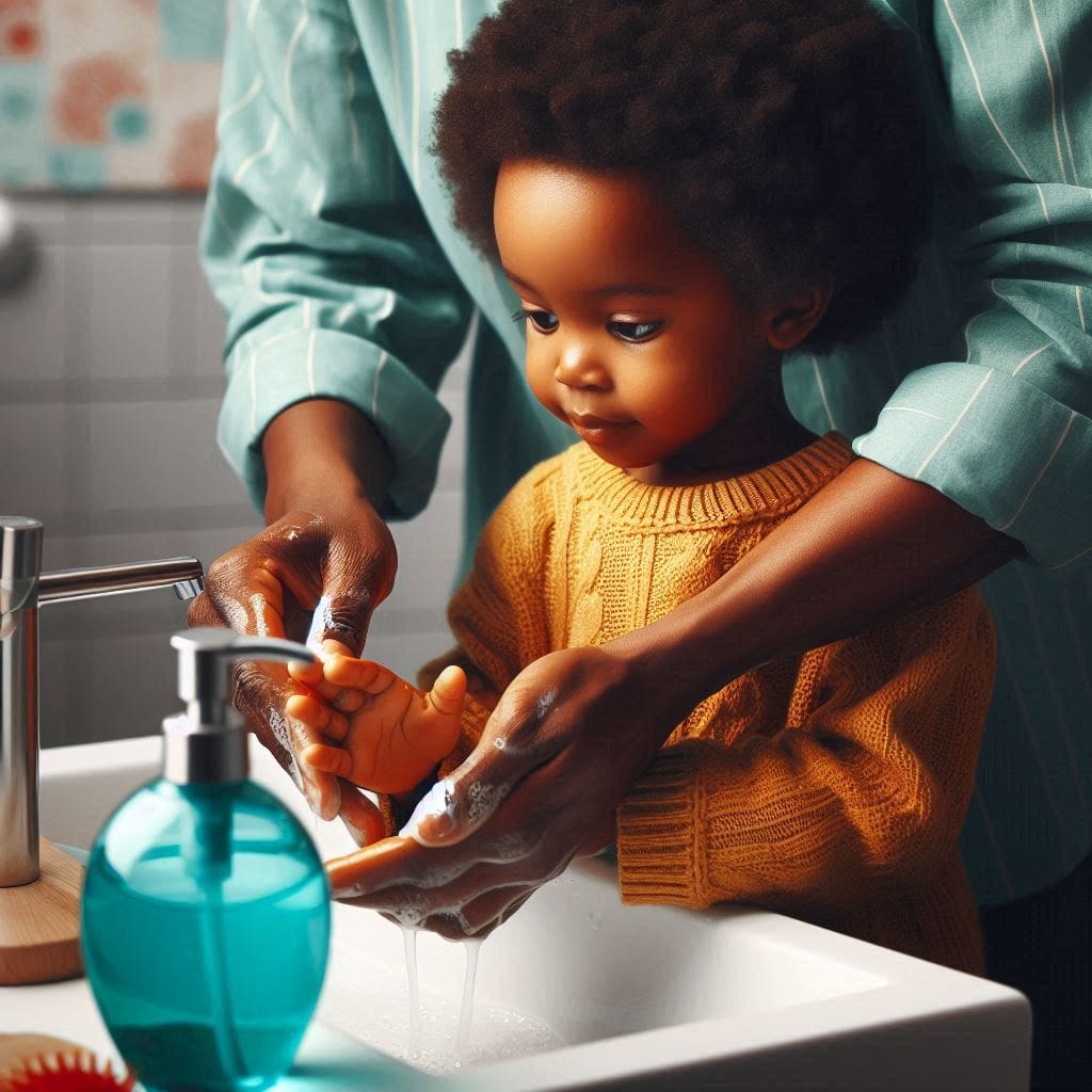 Parent teaching child proper handwashing technique at a bathroom sink.