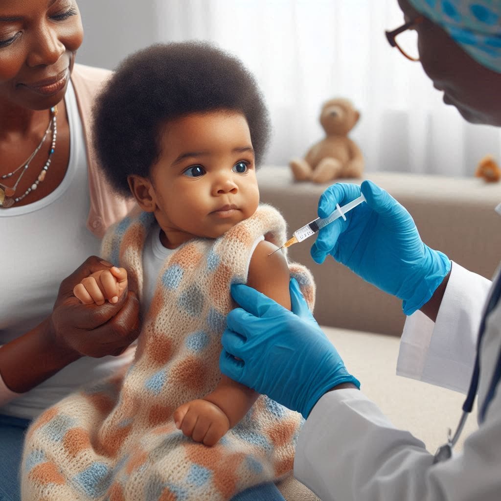 A parent holding a baby's arm while a healthcare worker administers a BCG vaccination