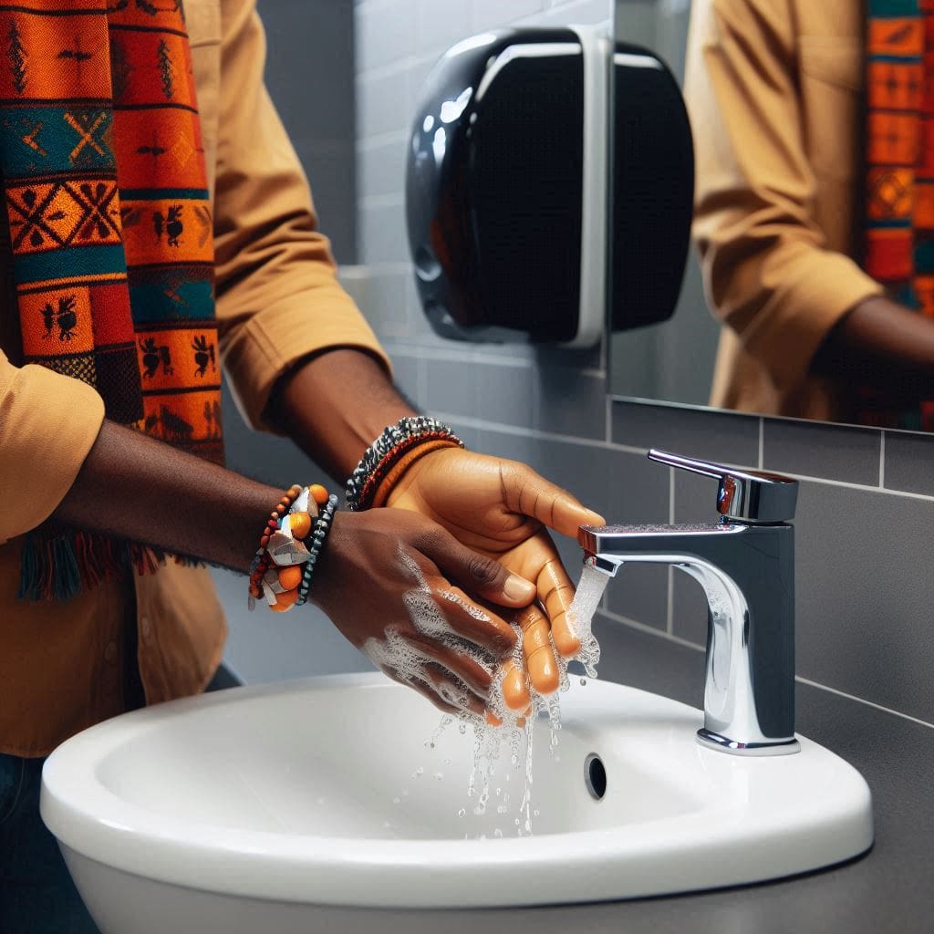 Person practicing good hygiene by engaging in thorough handwashing at a public restroom sink.