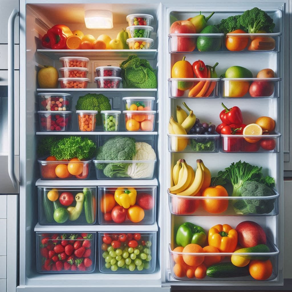 A neatly packed fruits and vegetables in a refrigerator