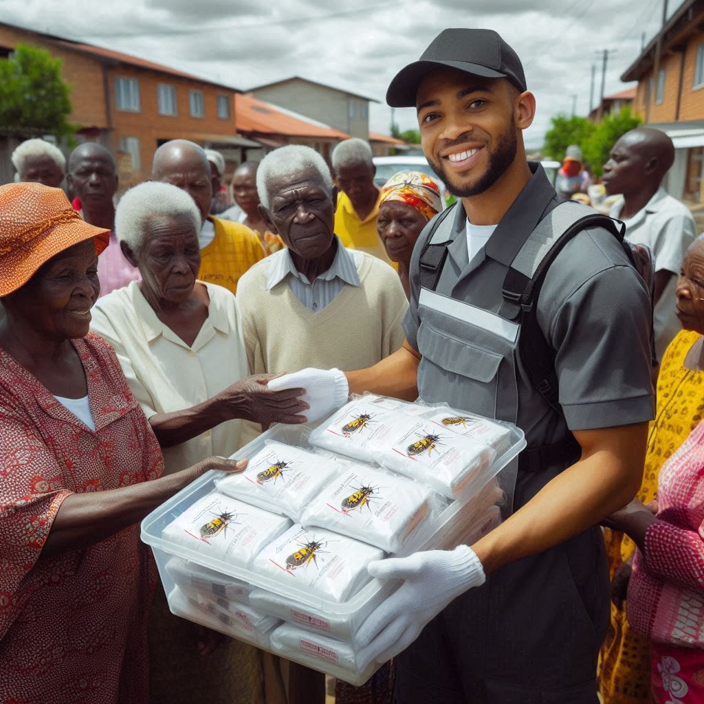 Community health workers distributing insecticide-treated nets to local residents