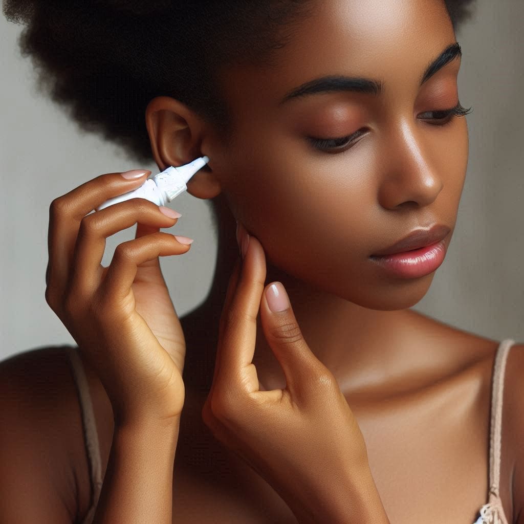 a lady applying ear drops to her ears to treat ear infections