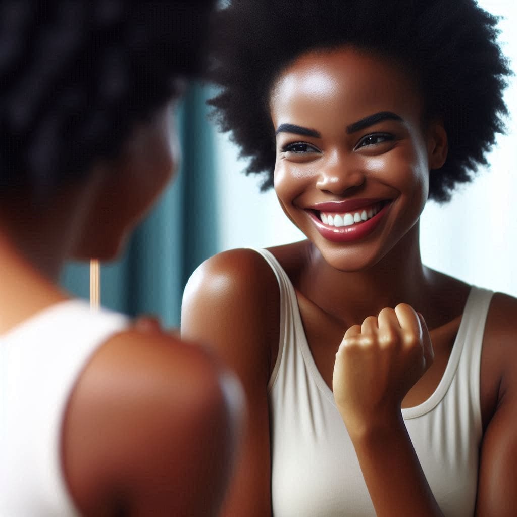 a lady looking at herself in the mirror showing the confidence she has in herself