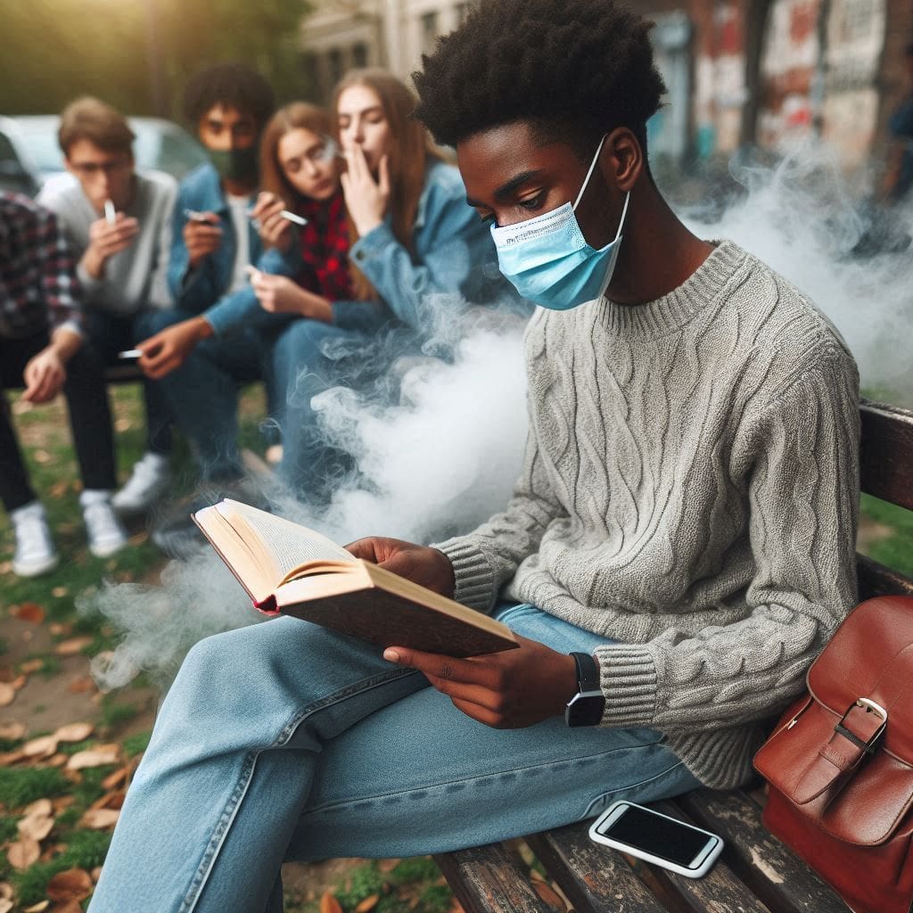 a young man using nose mask to prevent inhaling secondhand smoke