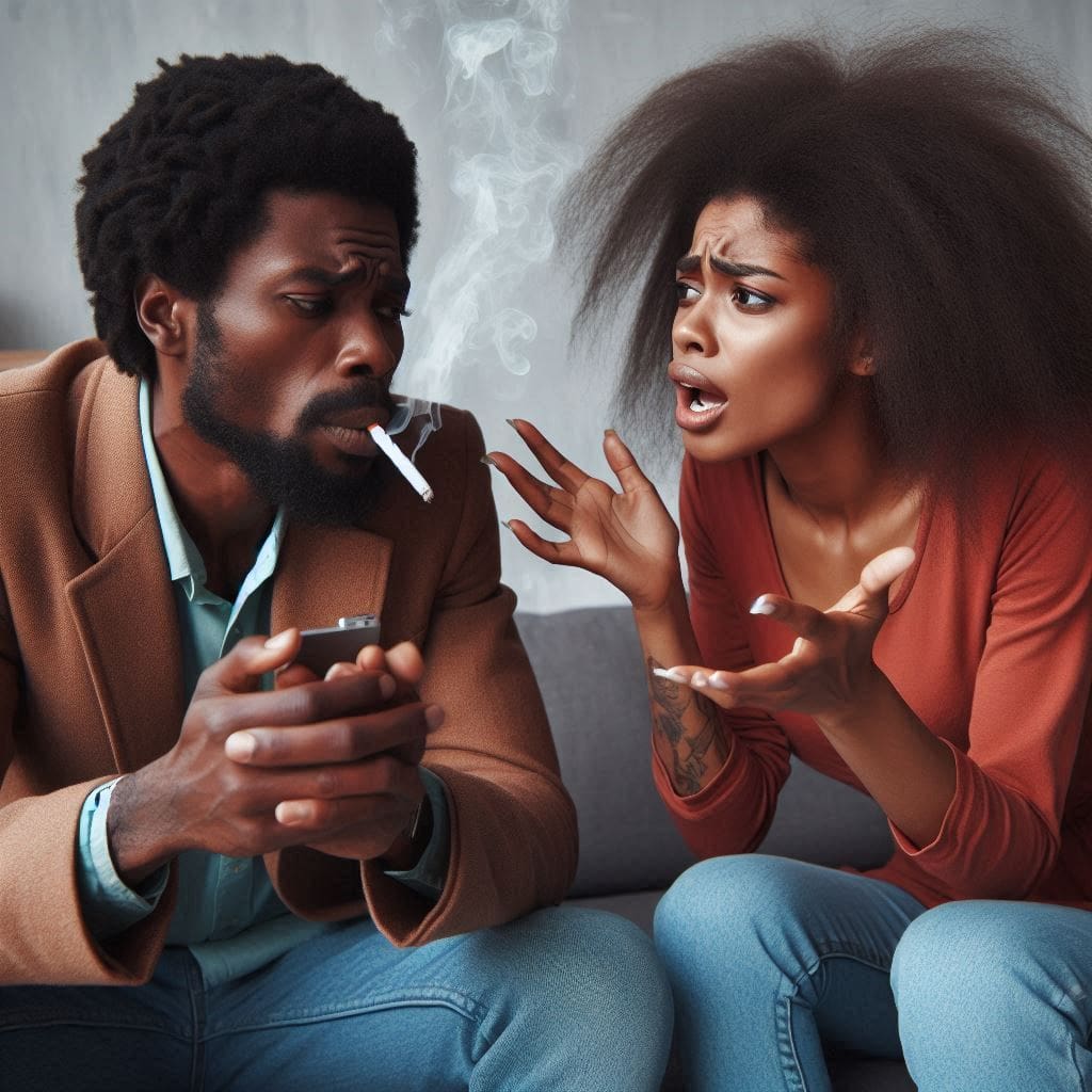 a lady having an argument with her partner because of his smoking habit