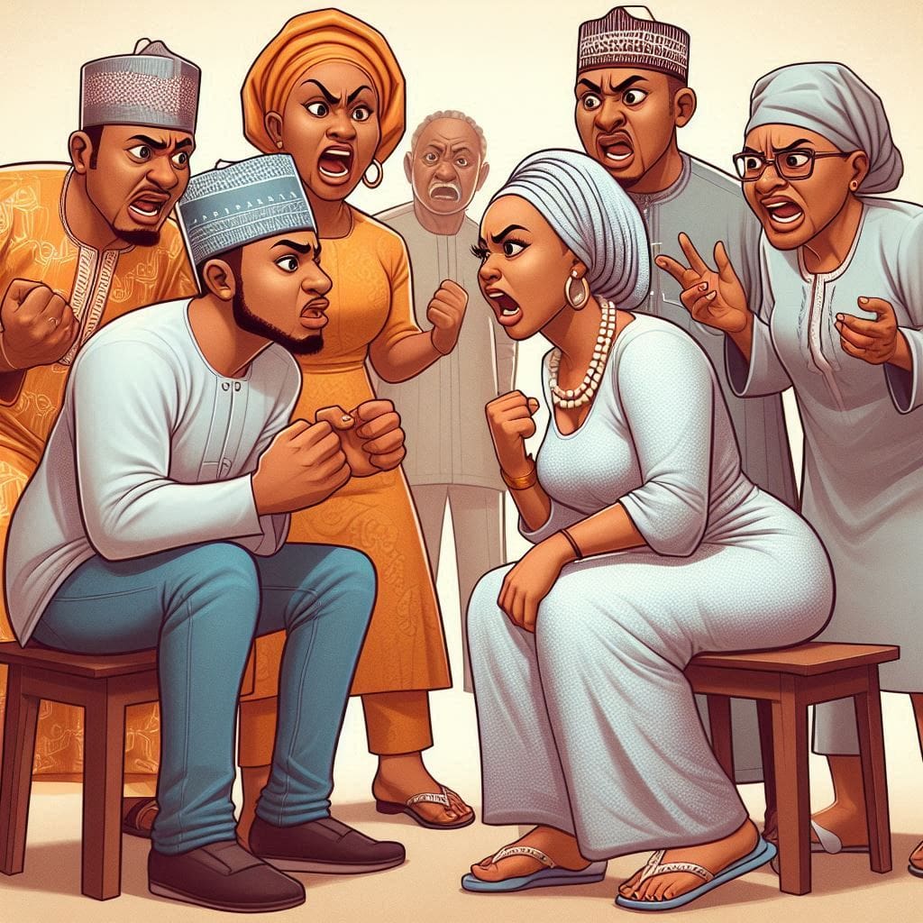 A-Nigerian-couple-and-their-in-laws-engaged-in-a-heated-discussion-with-raised-voices-and-furrowed-brows