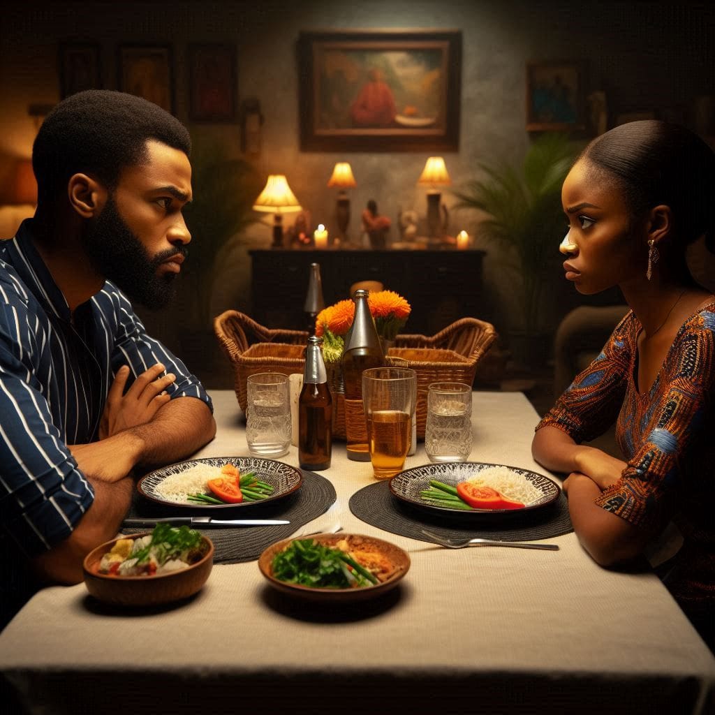 A-Nigerian-couple-sitting-at-a-dinner-table-plates-pushed-away-glaring-at-each-other.-The-table-is-decorated-for-an-evening-meal. This is a reflection of the common marital challenges in Nigeria