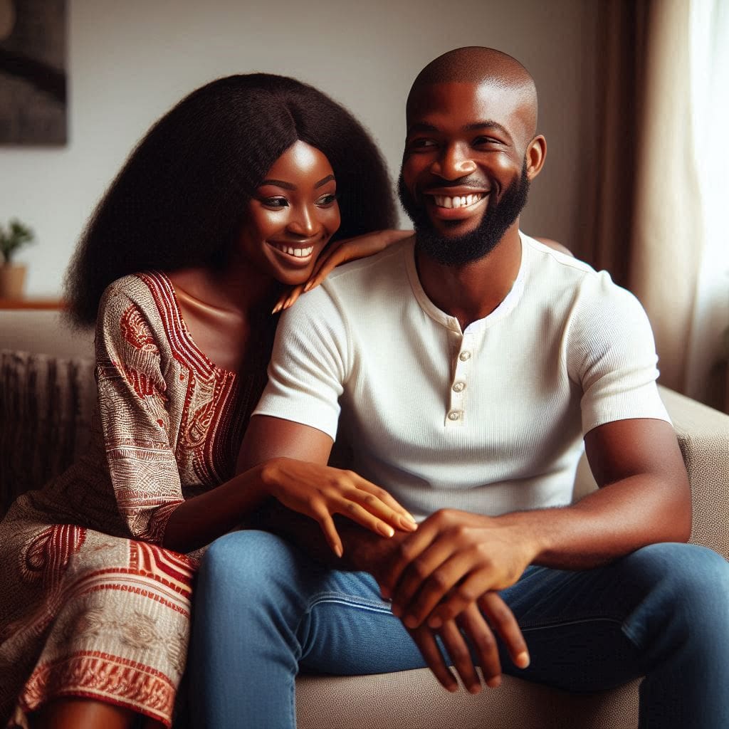 A-Nigerian-couple-sitting-on-a-couch-facing-each-other-and-smiling-warmly