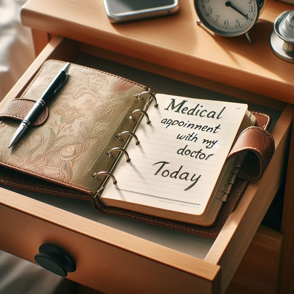 A-close-up-image-of-a-diary-with-an-opened-page-placed-on-a-bedside-drawer.-The-opened-page-should-read-Medical-appointment-with-my-doctor-today