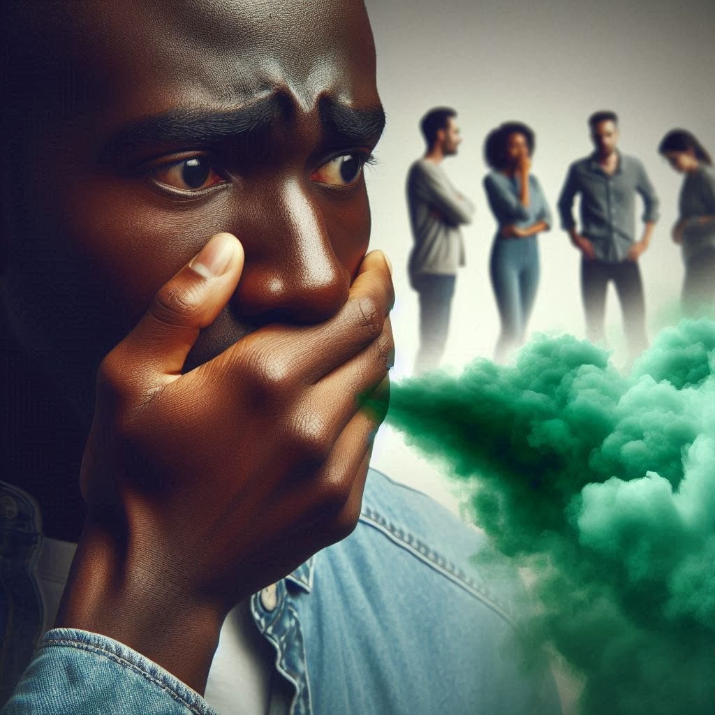 A person with a distressed expression covering their mouth due to bad breath, with a green haze symbolizing the odor and people in the background reacting uncomfortably