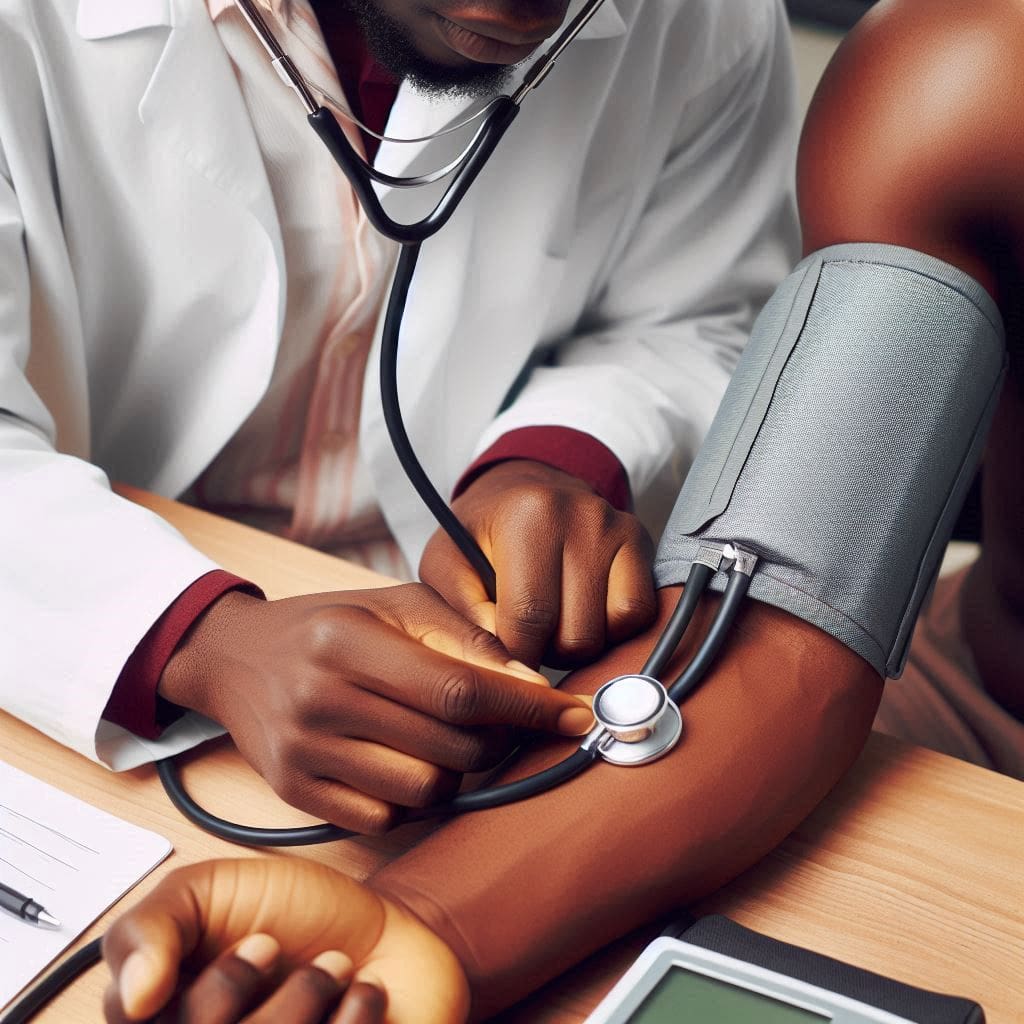 A close-up of a doctor taking a patient's blood pressure. Measuring blood pressure during Regular Health Check-Ups in Nigeria, an important tool for early detection of health issues