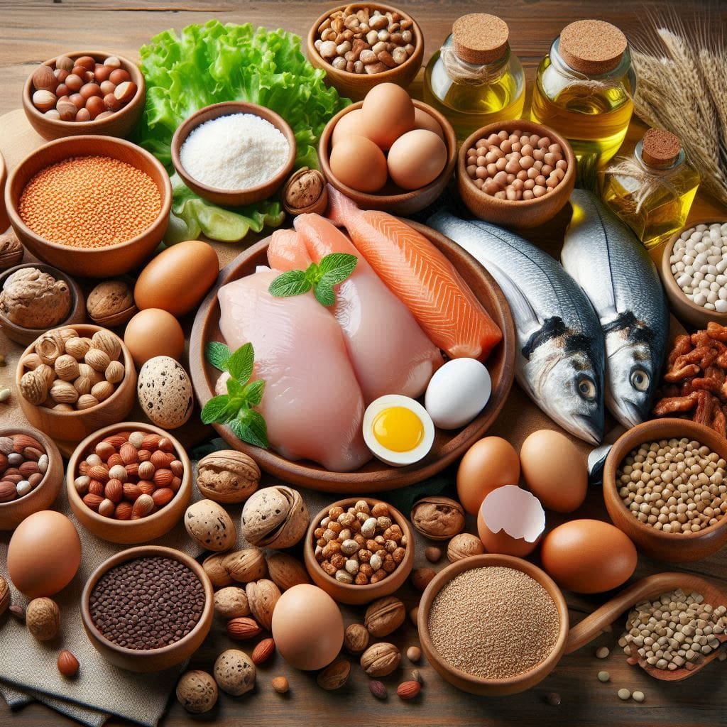 A-diverse-assortment-of-High-protein-Nigerian-meals-including-chicken-eggs-fish-nuts-and-lentils-displayed-on-a-wooden-table