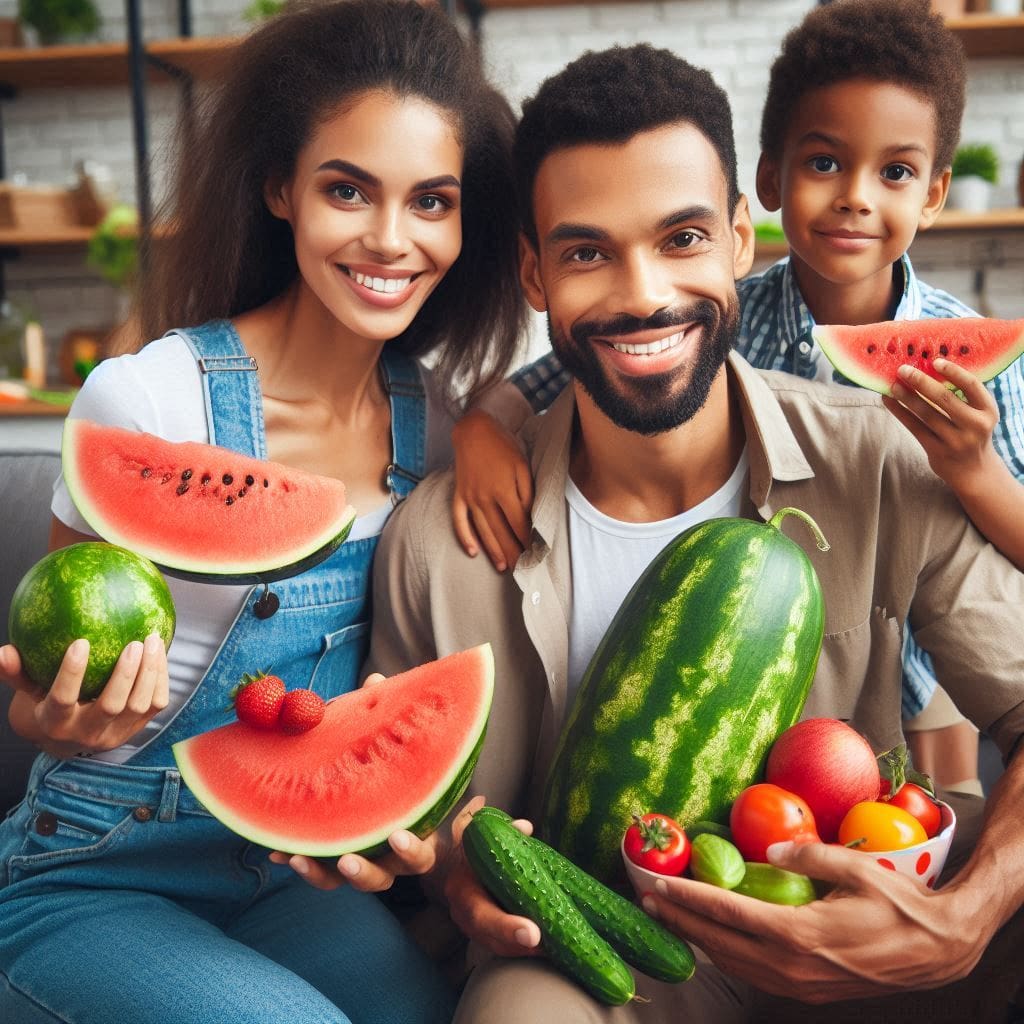 Family eating water-rich fruits and vegetables for added hydration