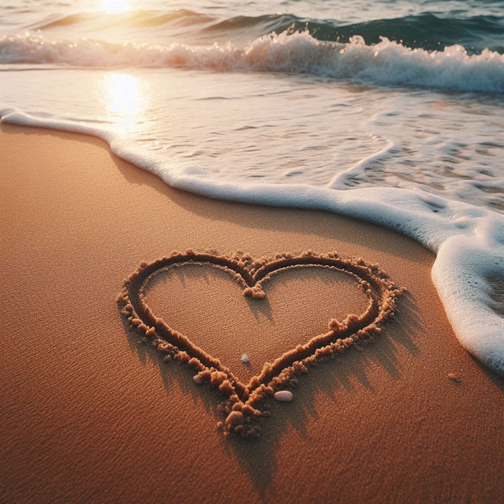 A heart shape drawn in sand on a beach, with the waves gently lapping at the shore