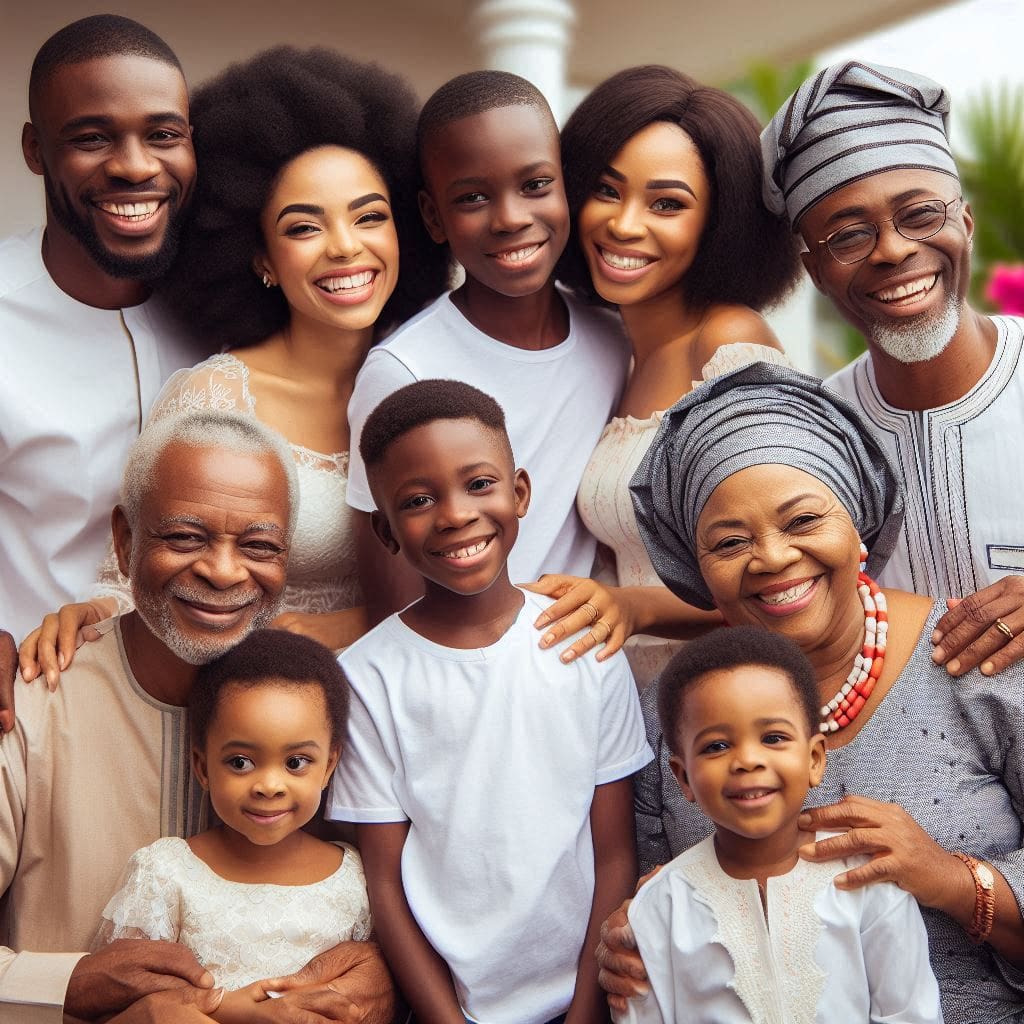 A photo of a Nigerian family with multiple generations present. Parents, grandparents, and children are smiling and interacting positively, highlighting the importance of family in traditional parenting.