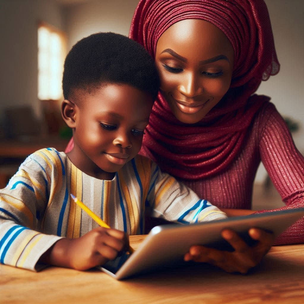 A photo of a parent and child using a tablet together for educational purposes.