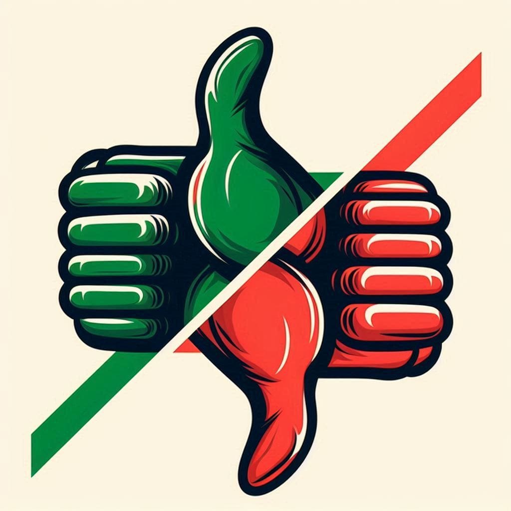 A split image with a green thumbs up on one side and a red thumbs down on the other, which signifies consent as a clear "yes" or "no" for physical intimacy.