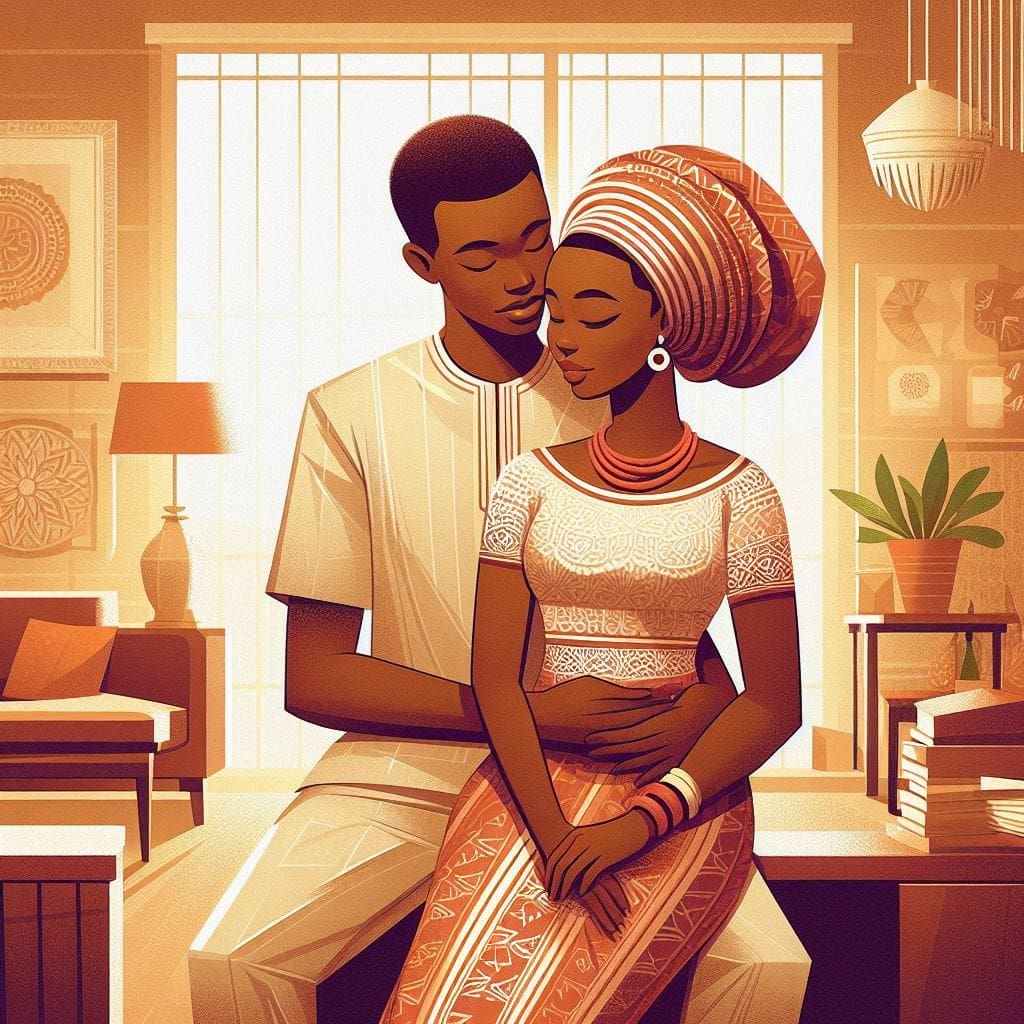 A Nigerian couple in a relaxed and loving embrace, symbolizing harmony and mutual respect in marriage.