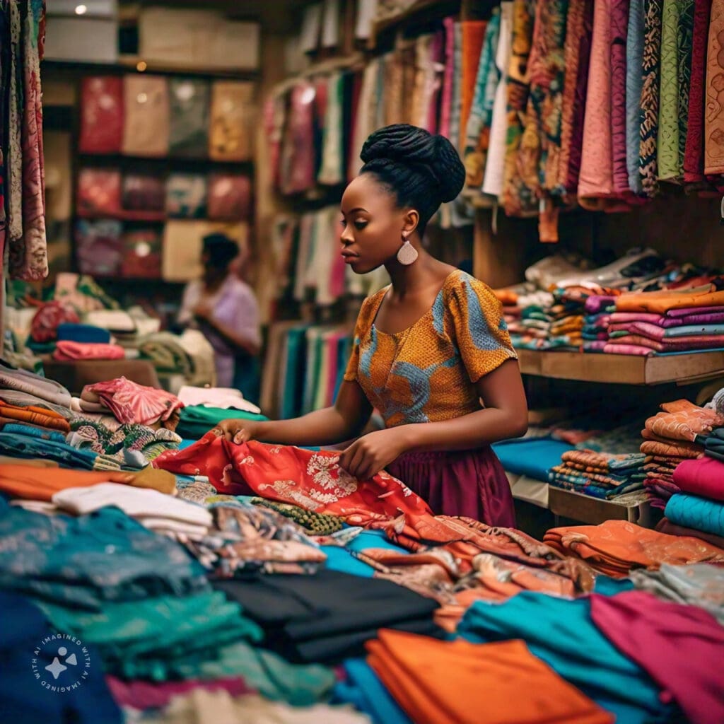 Nigerian woman shopping for affordable fashion at a local market, browsing through colorful fabrics