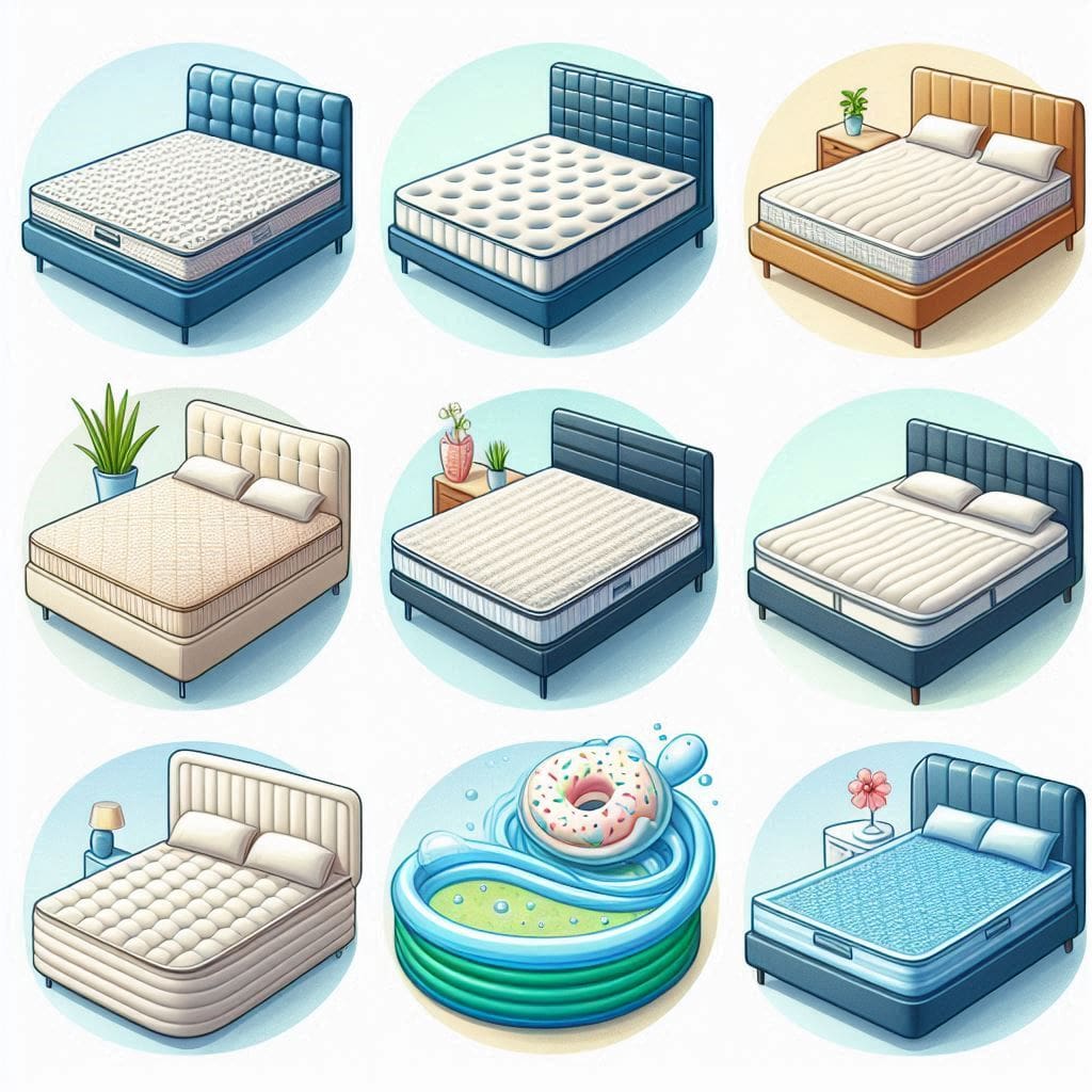 Different types of mattresses including spring, latex, memory foam, air bed, and waterbed, highlighting their unique features.