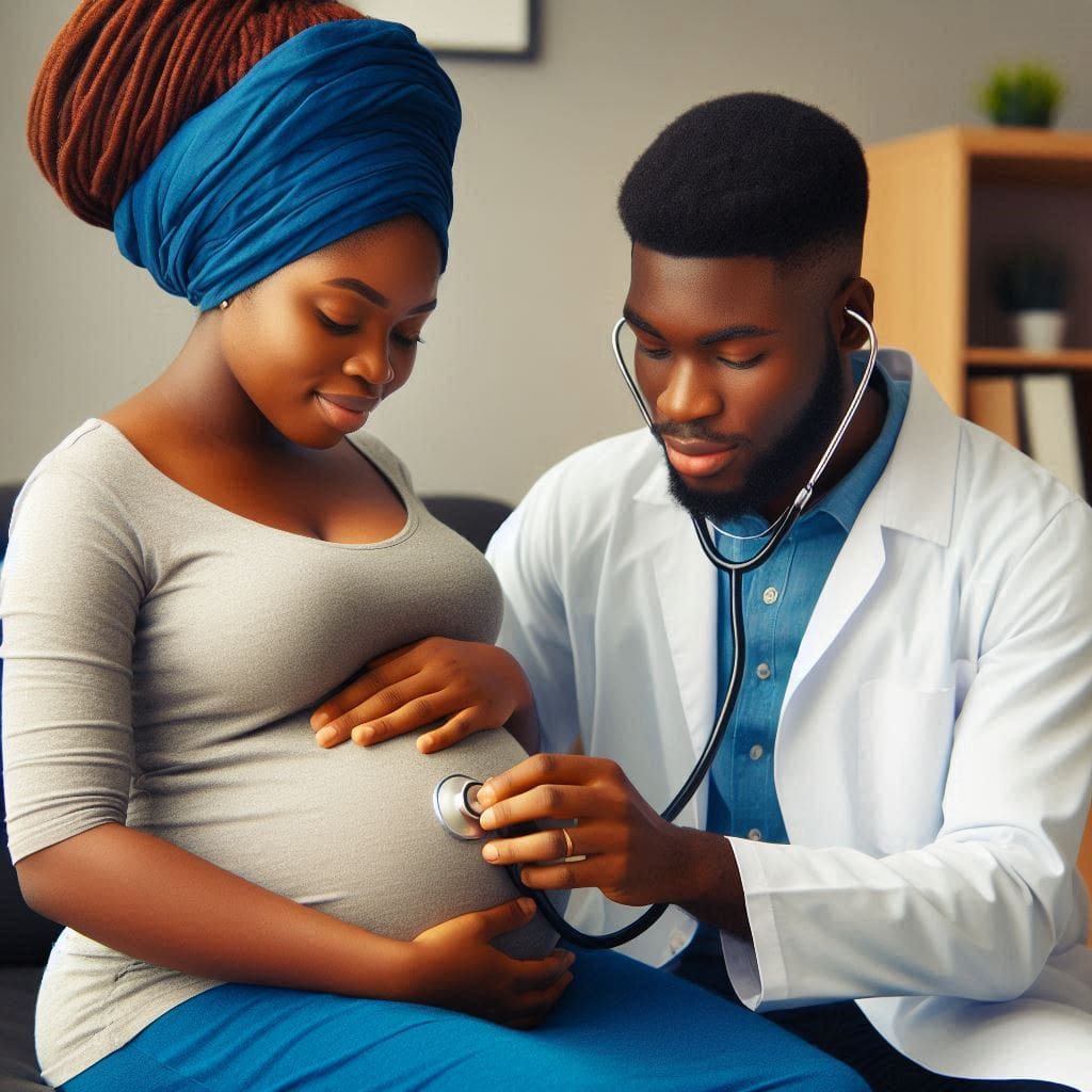 A doctor checking a pregnant woman's belly during a prenatal appointment