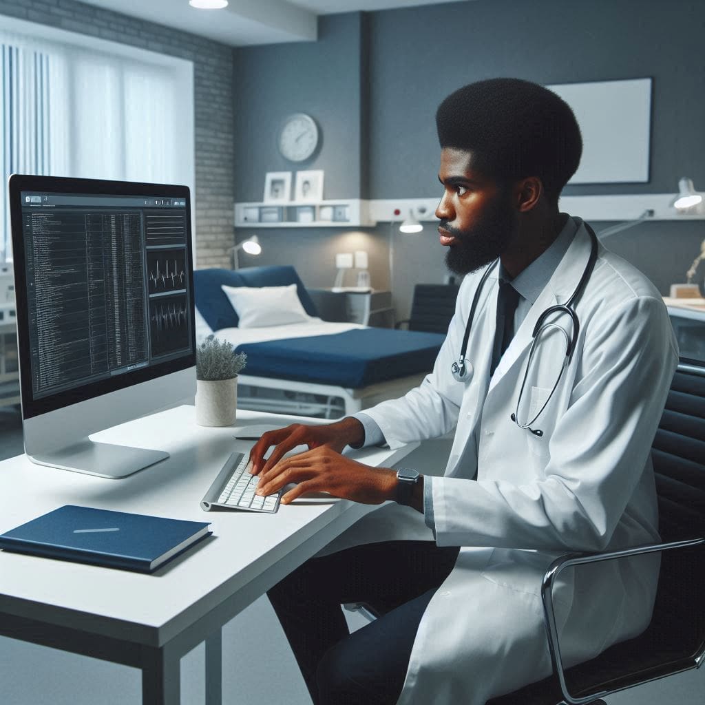 A modern hospital setting with a doctor reviewing a patient's medical records on a computer screen. The use of health information management