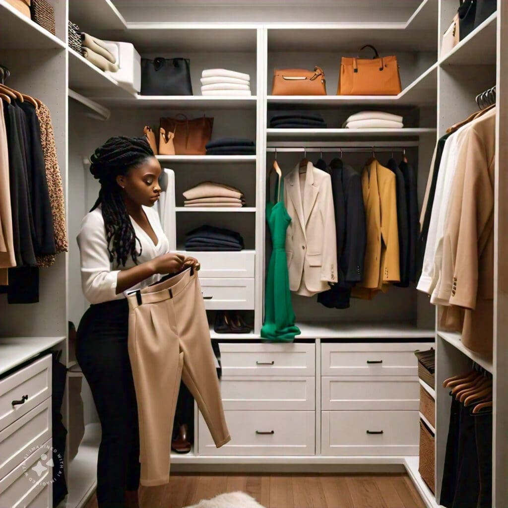 Nigerian woman organizing her capsule wardrobe, selecting versatile clothing pieces. A practical way that fashion lifestyle transform Nigerian women's wellbeing