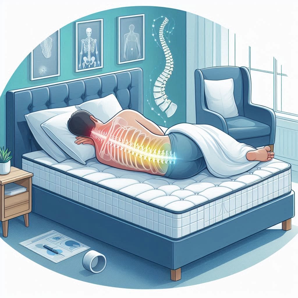 Illustration of proper spinal alignment during sleep on a supportive mattress, promoting back health