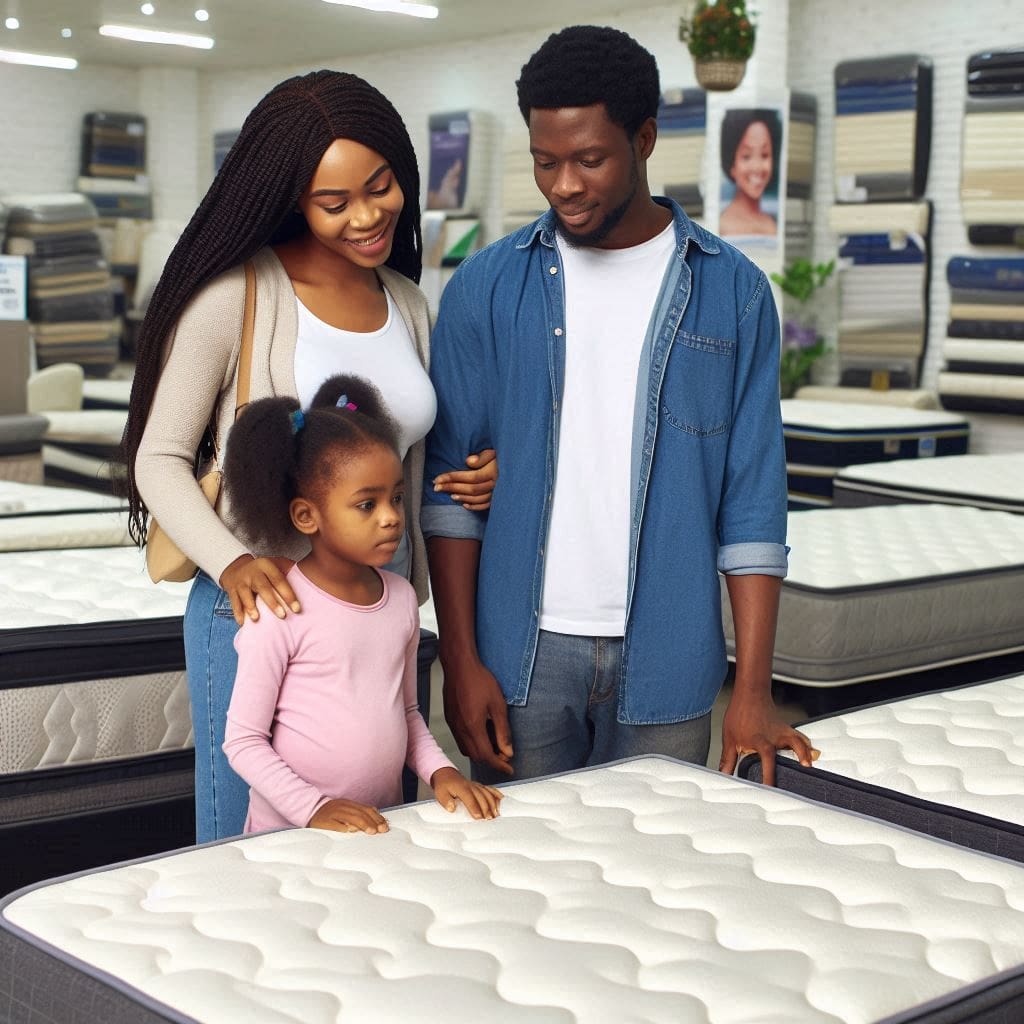 Nigerian family selecting a mattress in a store, considering comfort and support for better sleep quality.