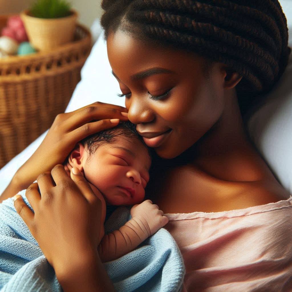 A new mother holding her newborn baby in her arms, skin-to-skin contact for bonding after childbirth