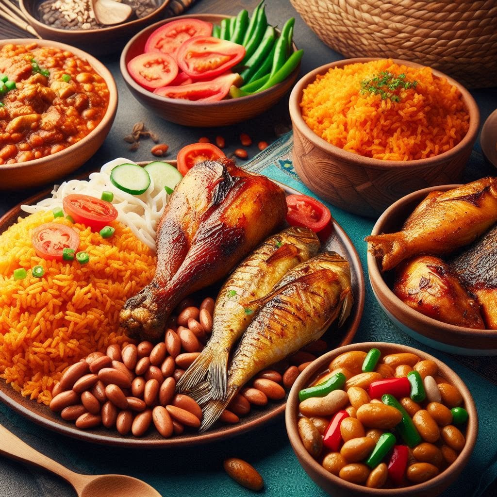 Traditional Nigerian high-protein foods, including jollof rice with chicken, grilled fish, and a side of beans.