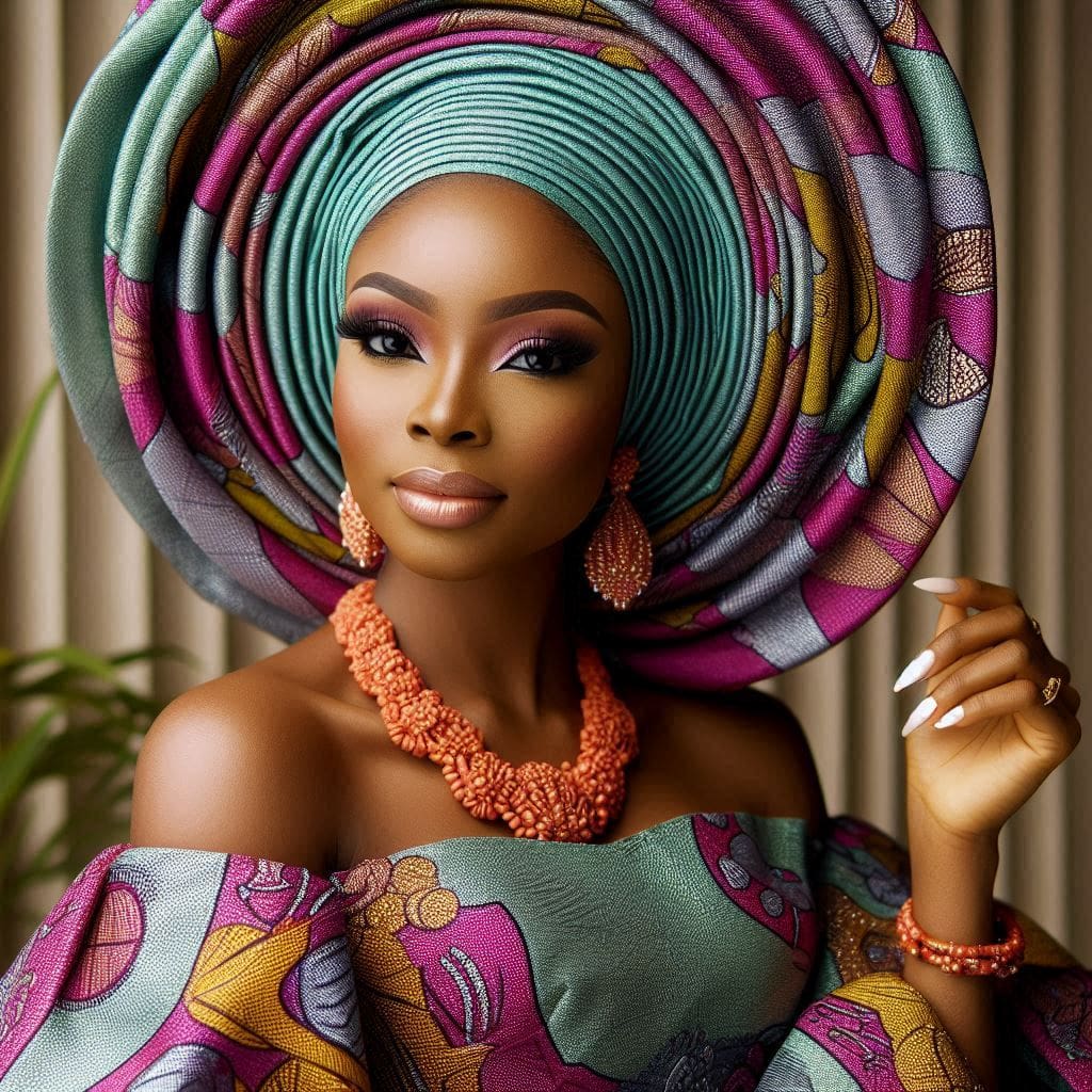 Yoruba woman wearing a vibrant Aso Ebi outfit with Gele head wrap