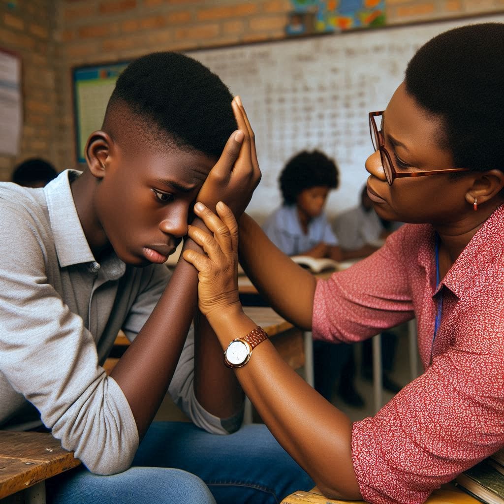 A Nigerian teenage boy being comforted by his teacher in the class room- emotional well-being