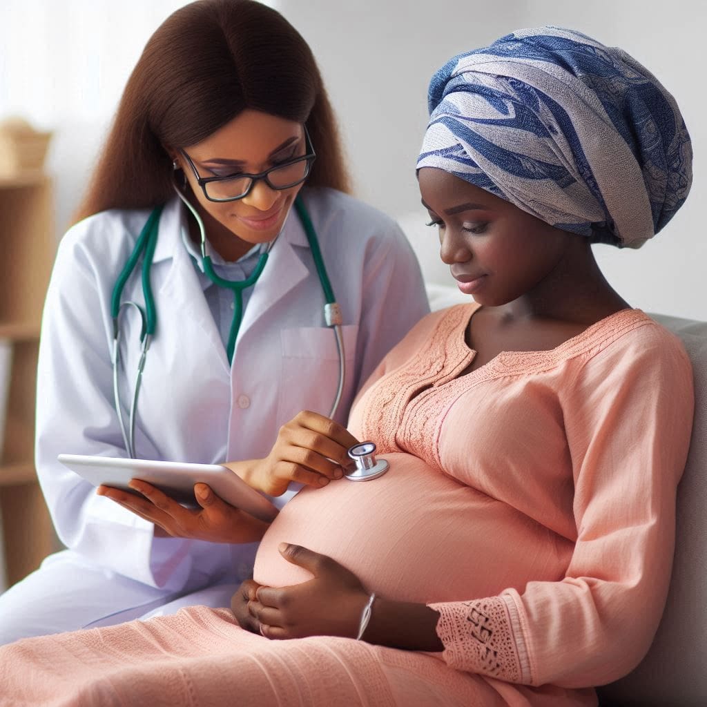 A pregnant woman undergoing her prenatal care examination with a doctor