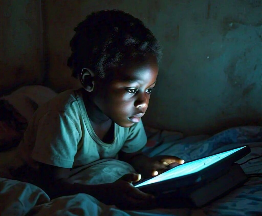 Blue light from a digital screen potentially affecting a child's sleep patterns. A negative impact of extended screen time