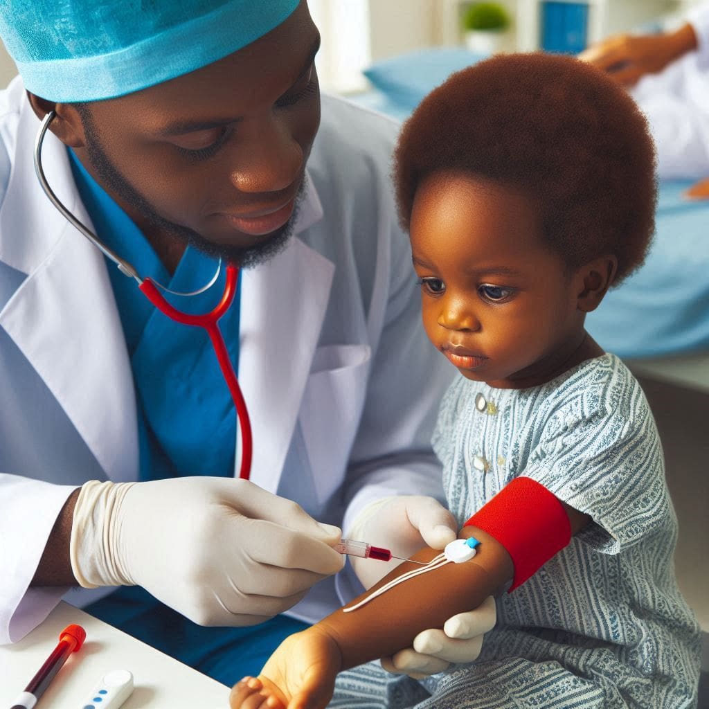 Healthcare worker conducting a blood test on a Nigerian child for early detection of anemia.