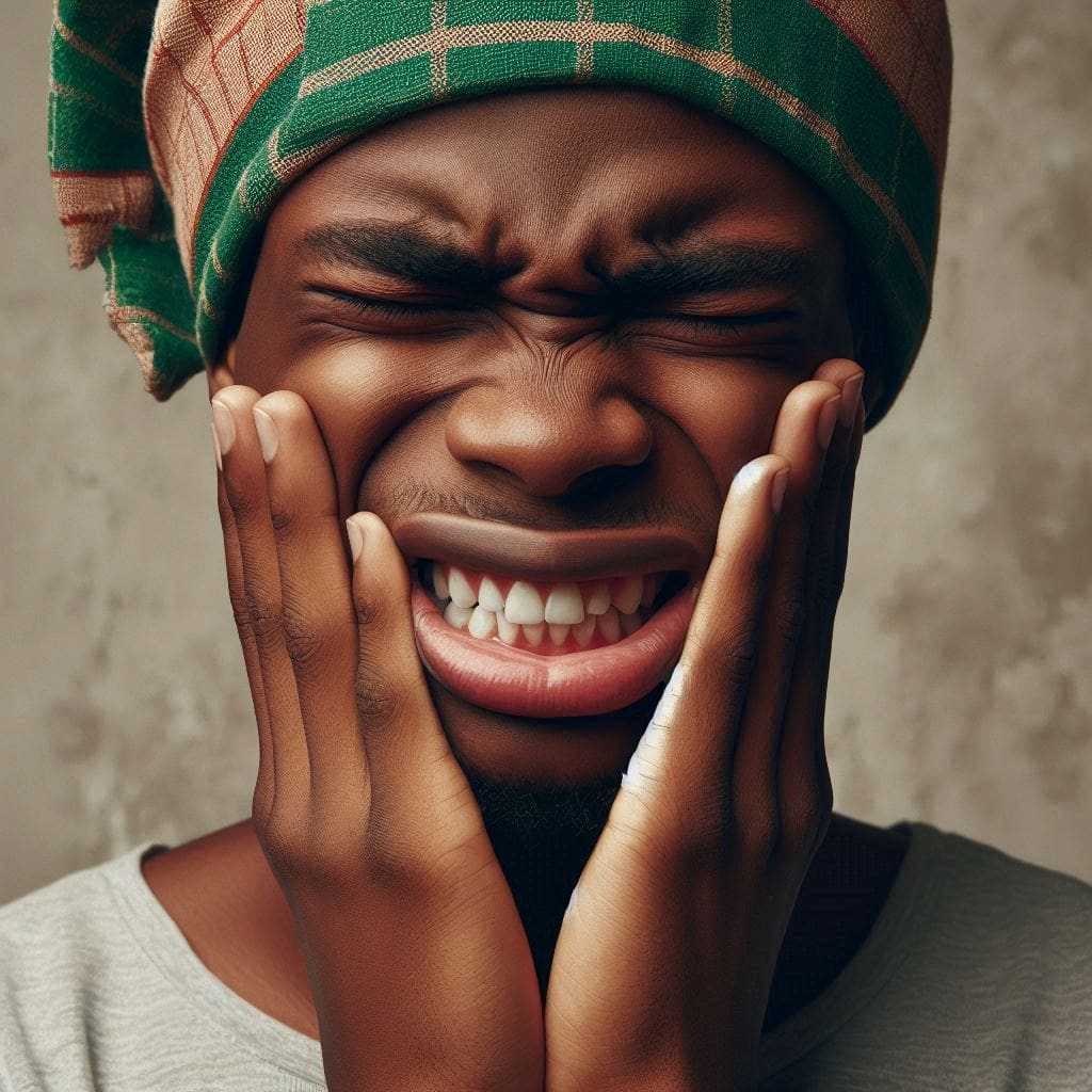 A Nigerian person experiencing-severe toothache holding cheek in discomfort