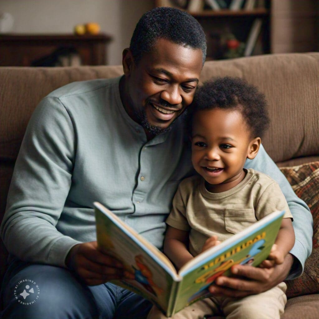 Nigerian parent reading a book with their child, promoting interactive learning and bonding.