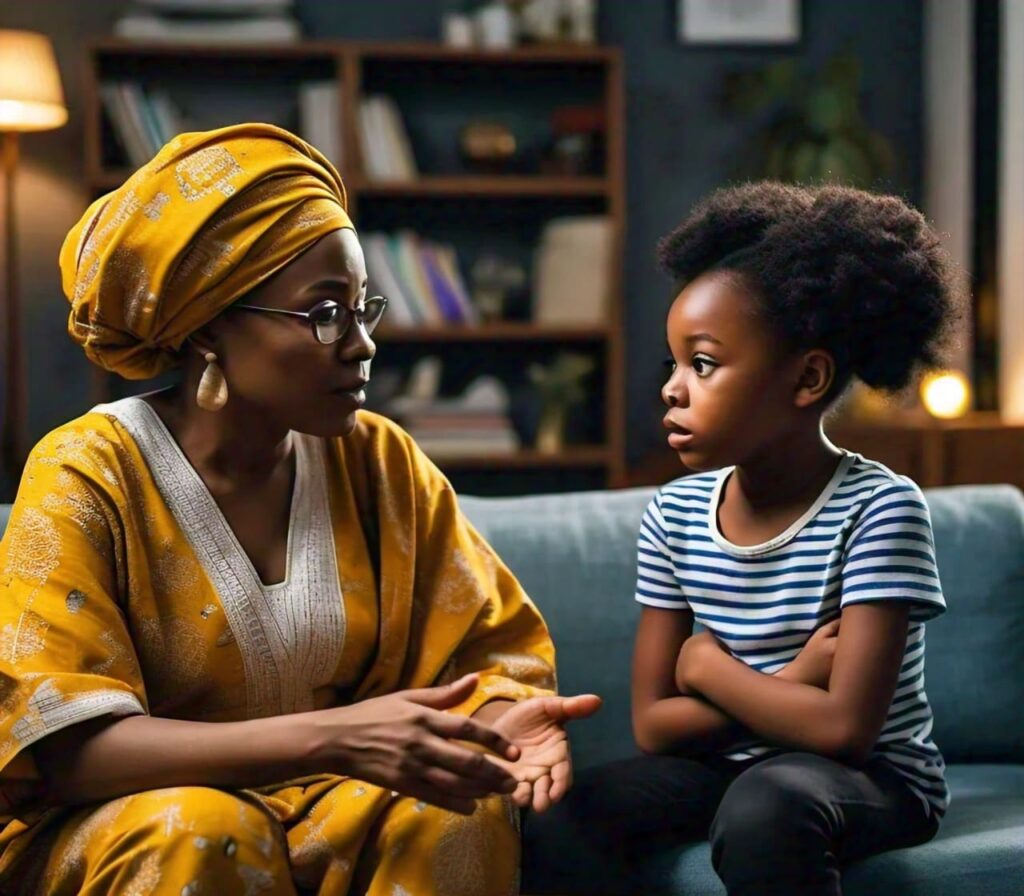 Nigerian parent setting clear boundaries and explaining rules to their child.