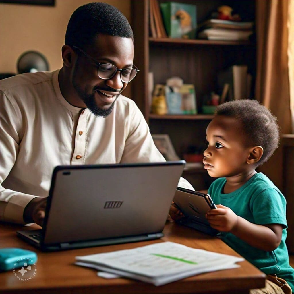 Nigerian parent working from home while child uses a tablet for entertainment.