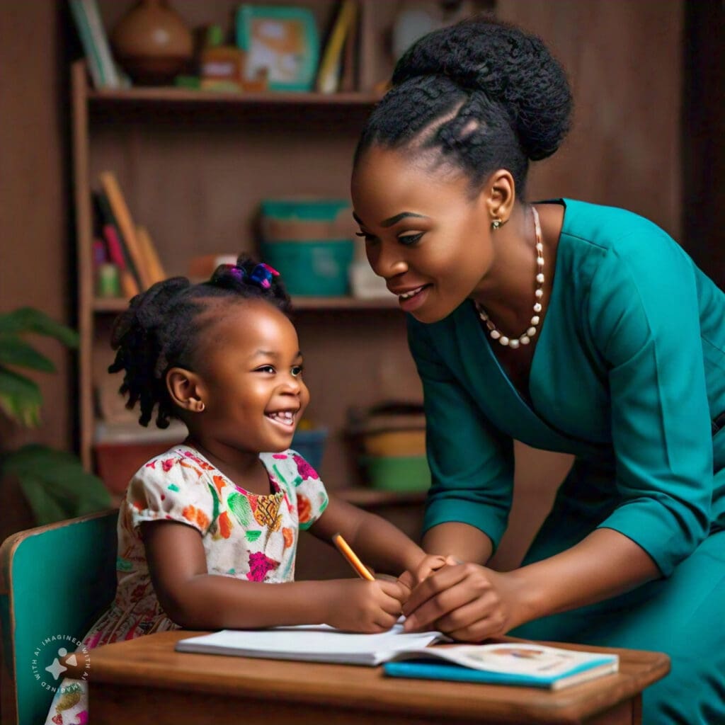 Nigerian parent encouraging their child to develop independence through everyday tasks.