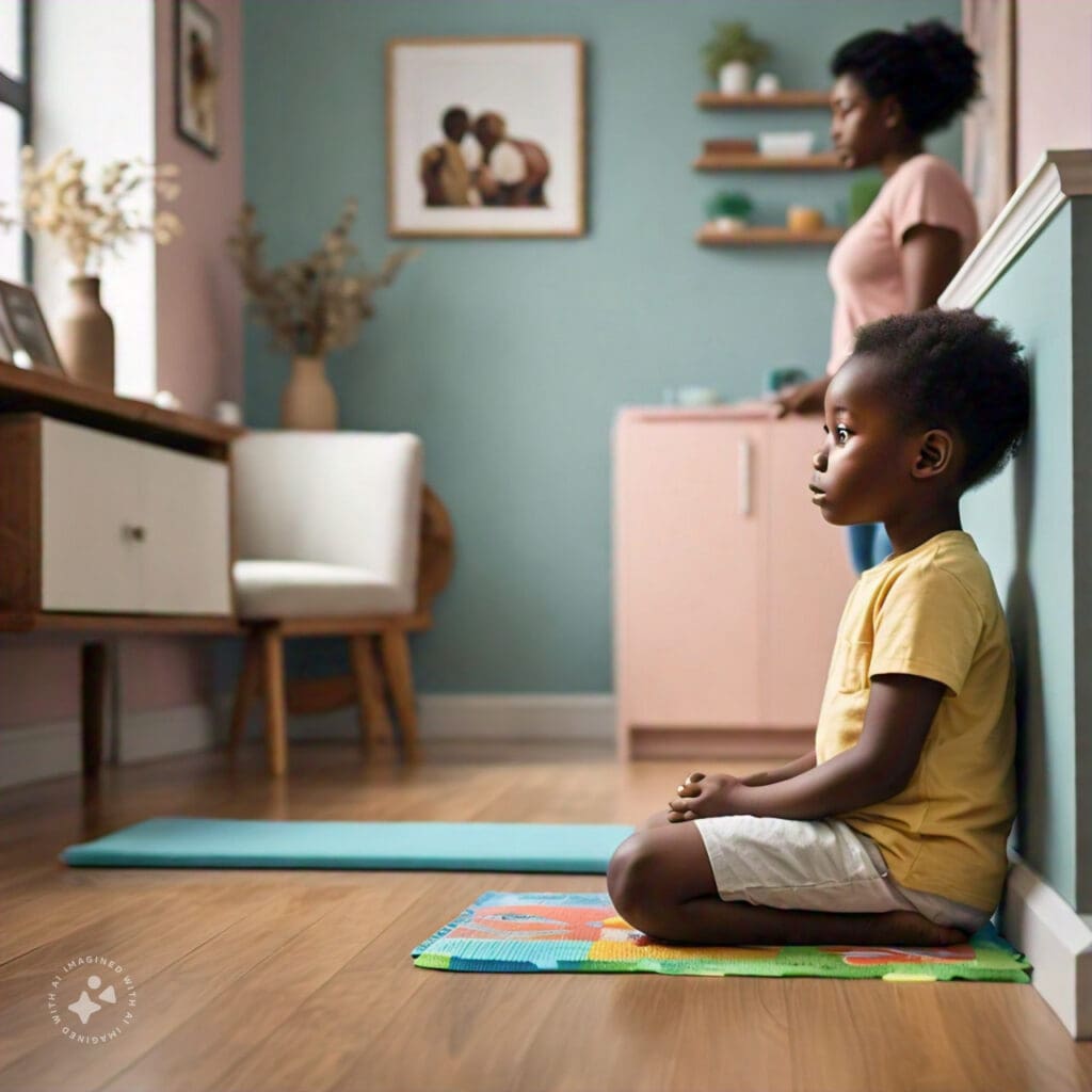 Nigerian child in a time-out space as part of a non-physical discipline method.