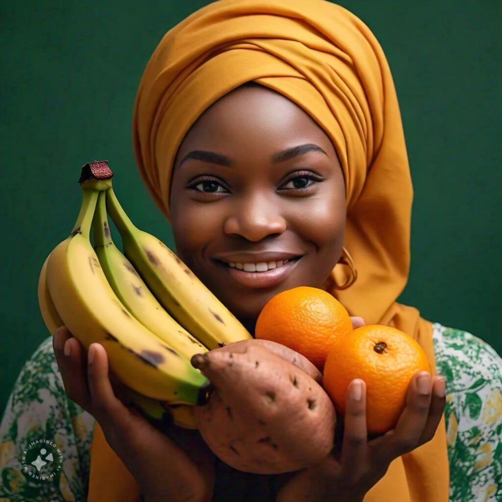 Nutritional tips for Nigerian women during menstruation 2 Nigerian woman holding a banana, orange, and sweet potato—essential potassium-rich foods for menstrual health.
