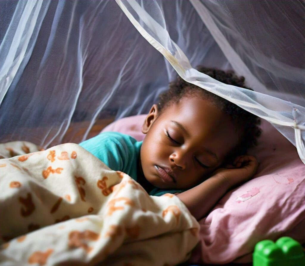 A child sleeping under an insecticide-treated mosquito net to prevent malaria during the rainy season in Nigeria.